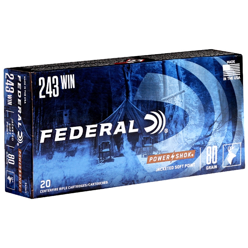 Federal Power-Shok 243 Winchester Ammo 80 Grain Jacketed Soft Point - 243AS