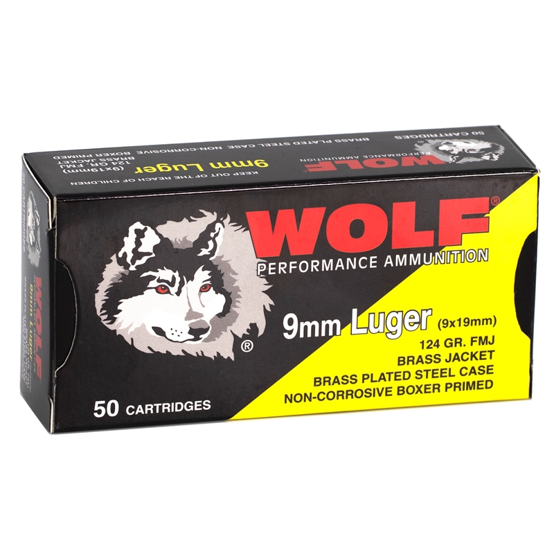 Wolf Performance 9mm Luger Ammo 124 Grain FMJ Brass Plated Steel Case