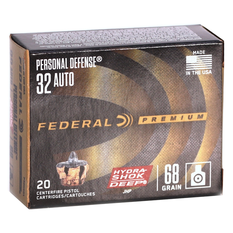 Federal Personal Defense Hydra-Shok 32 ACP Auto Ammunition 68 Grain Jacketed Hollow Point - P32HSD1
