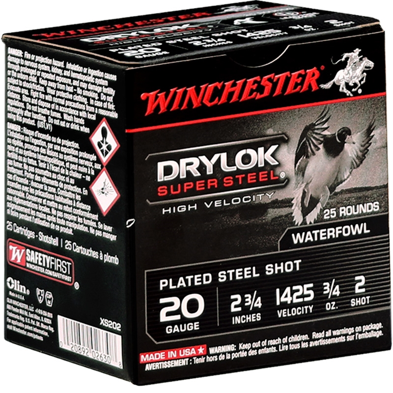 Winchester DryLok Super Steel 20 Gauge Ammo 2 3/4″ 3/4 oz #2 Plated Steel Shot - XS202