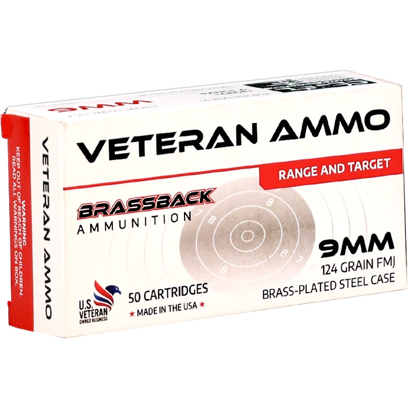 Veteran Brassback 9mm Ammo 124 Grain Full Metal Jacket - HMBX-9-124-BPSTEEL