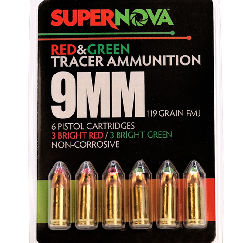 Supernova Red & Green Tracer 9mm Ammo 119 Grain Full Metal Jacket - PMSN9MM-MP