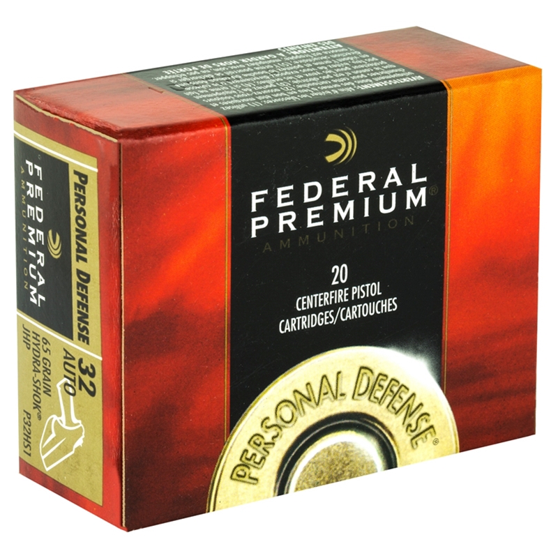 Federal Personal Defense 32 ACP Auto Ammo 65 Grain Hydra-Shok Jacketed Hollow Point