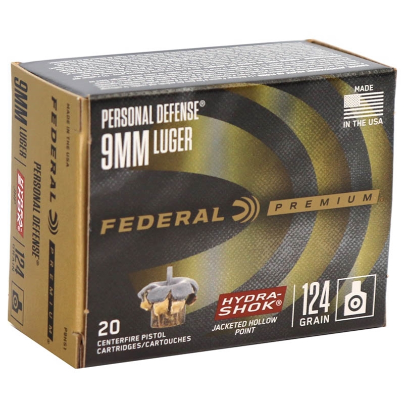 Federal Personal Defense 9mm Luger Ammo 124 Grain Hydra-Shok Jacketed Hollow Point