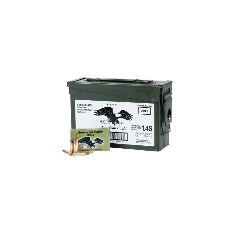 Federal American Eagle 5.56x45mm NATO Ammo 62 Grain Green Tip Full Metal Jacket 420 Rounds with Ammo Can