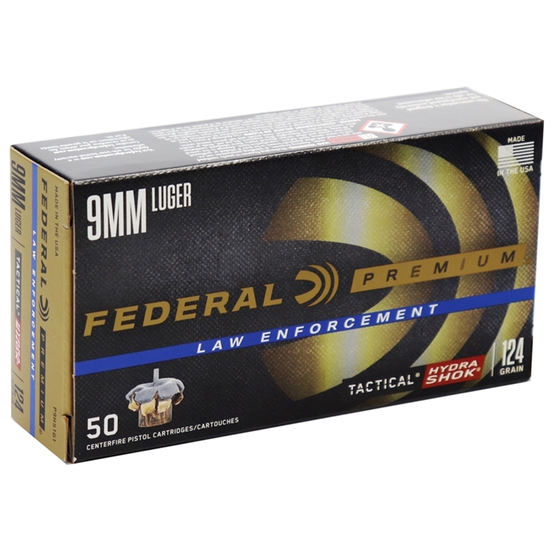 Federal Law Enforcement 9mm Luger Ammo 124 Grain Hydra-Shok Jacketed Hollow Point