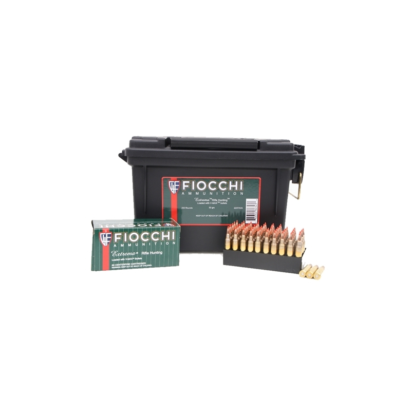Fiocchi Extrema 223 Remington Ammo 40 Grain Hornady V-Max 200 Rounds in Ammo Can 