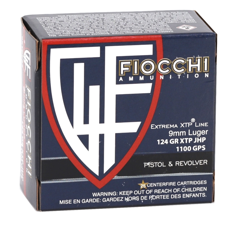 Fiocchi Extrema 9mm Luger Ammo 124 Grain Hornady XTP Jacketed Hollow Point