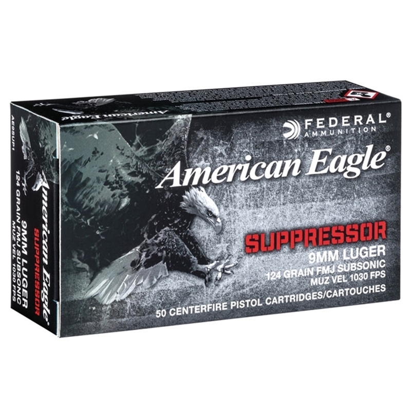 Federal American Eagle Suppressor 9mm Luger Ammo 124 Gr Subsonic Full Metal Jacket