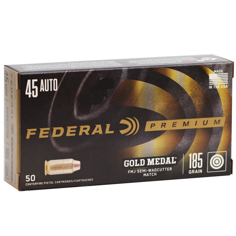 Federal Gold Medal 45 ACP Auto Ammo 185 Grain Full Metal Jacket Semi Wad-Cutter