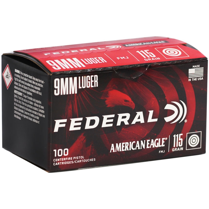 Federal American Eagle 9mm Luger Ammunition 115 Grain Full Metal Jacket - AE9DP100