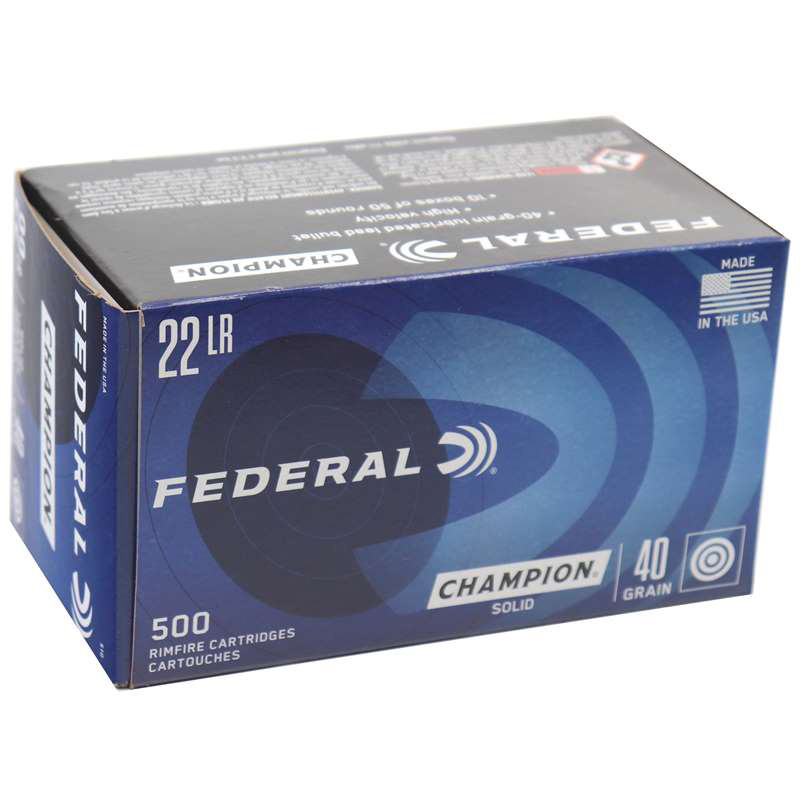 Federal Champion Target 22 Long Rifle Ammo High Velocity 40 Grain Lead Round Nose 500 Rounds