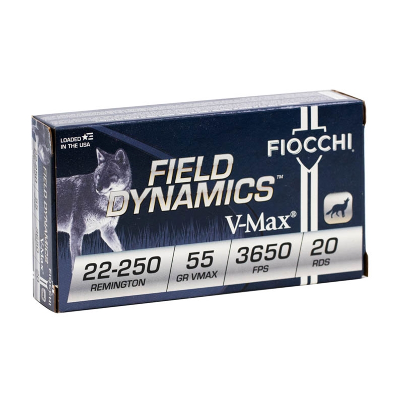 Fiocchi Field Dynamics 22-250 Remington Ammo 55 Grain Hornady V-Max