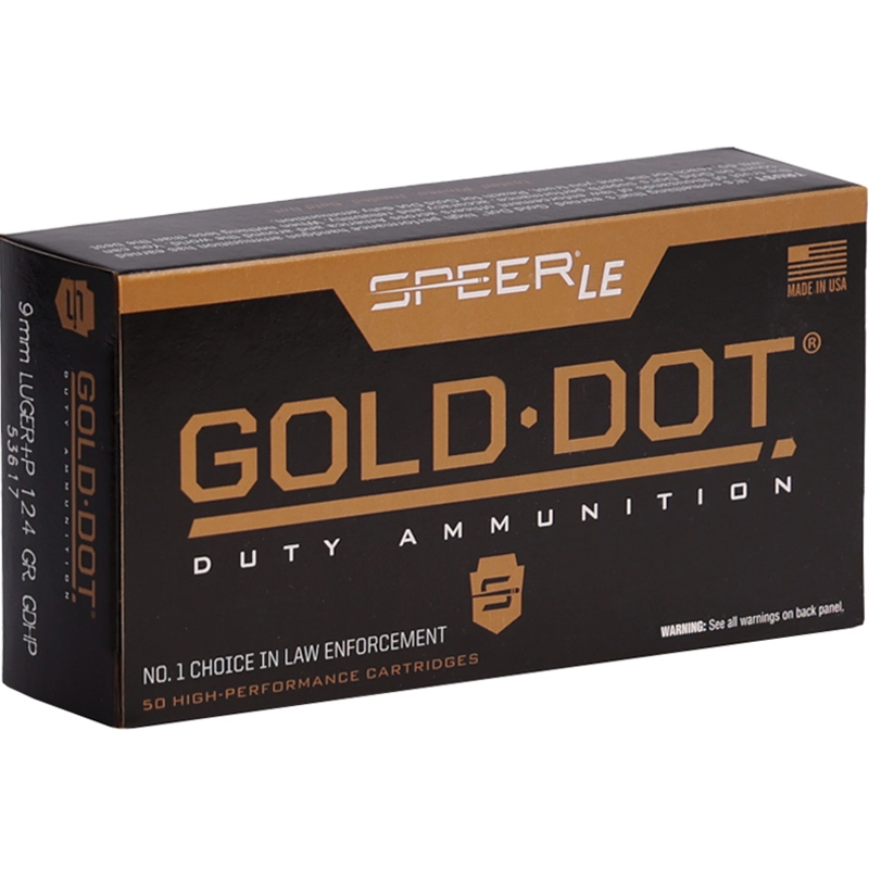 Speer Gold Dot LE Duty 9mm Luger Ammo 124 Grain +P Jacketed Hollow Point - 53617