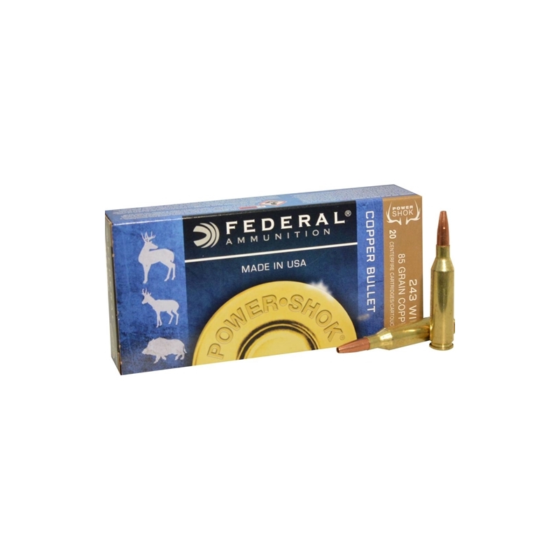 Federal Power-Shok 243 Winchester Ammo 85 Grain Copper Plated Hollow Point Lead Free