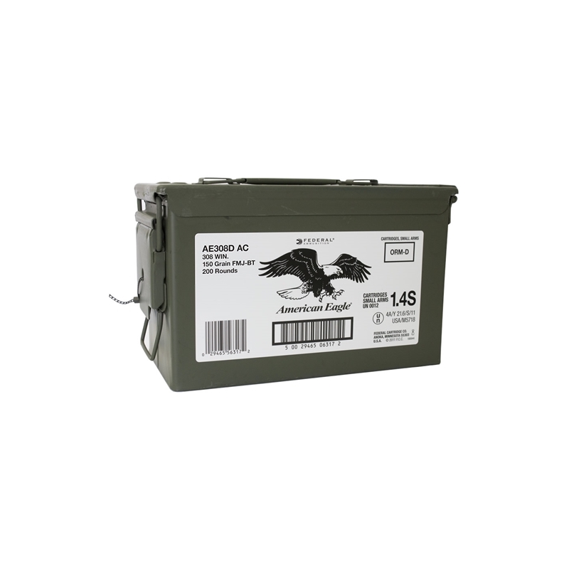 Federal American Eagle 308 Winchester 150 Grain Full Metal Jacket Boat Tail 200 Rounds in Ammo Can