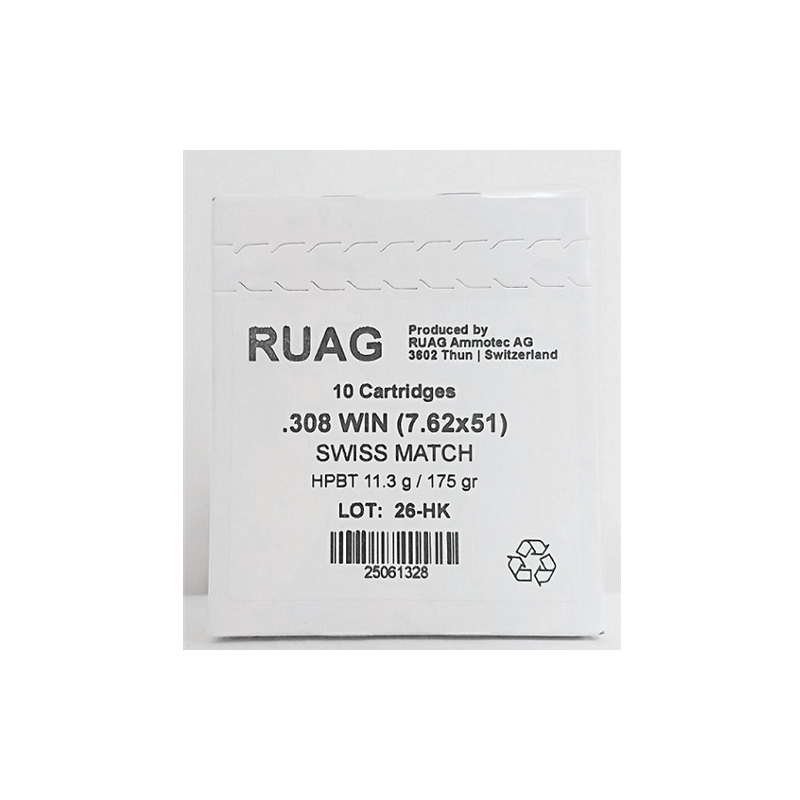 Ruag Swiss P Match 308 Winchester Target Ammo 175 Grain Hollow Point Boat Tail