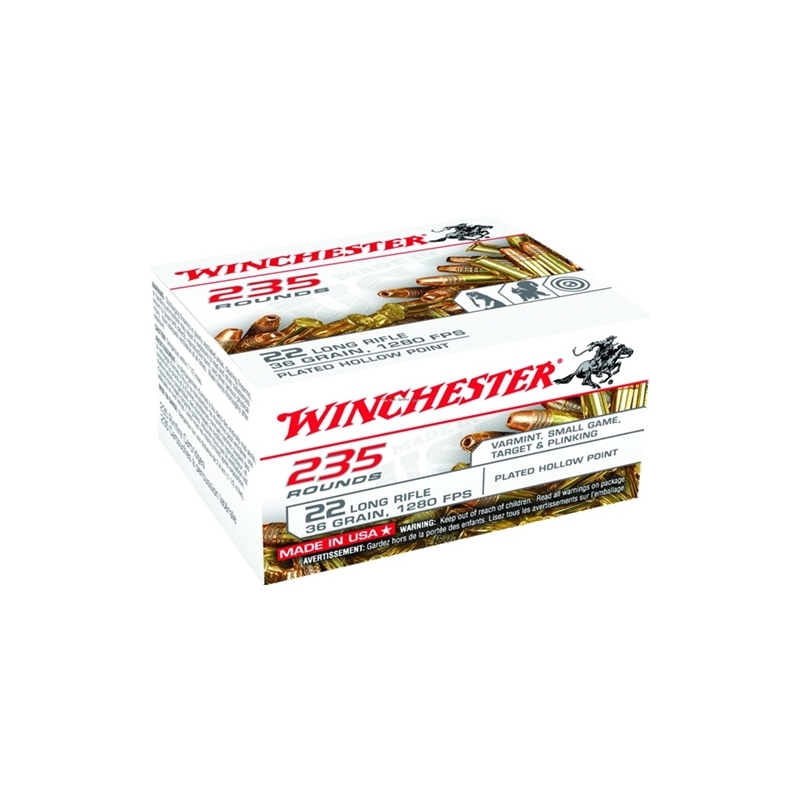 Winchester USA 22 Long Rifle 36 Grain Plated Lead Hollow Point 235 Round Box
