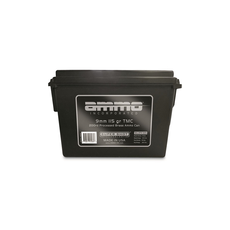 Ammo Inc 9mm Luger Ammo 115 Grain Total Metal Jacket 200 Rounds in Ammo Can 