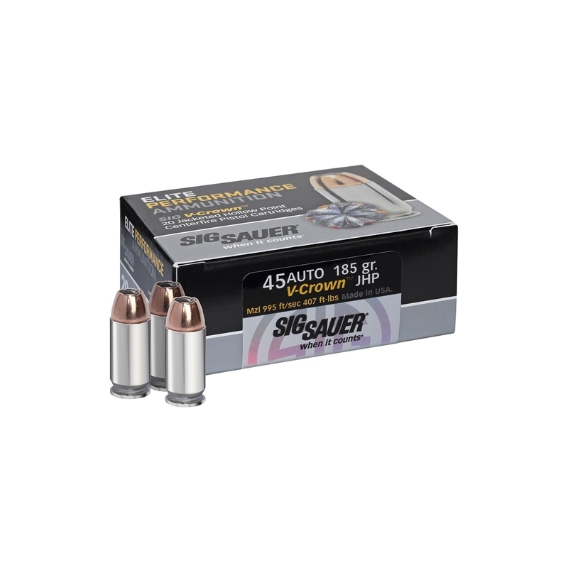 Sig Sauer 45 ACP Auto Ammo 185 Grain V-Crown Jacketed Hollow Point 