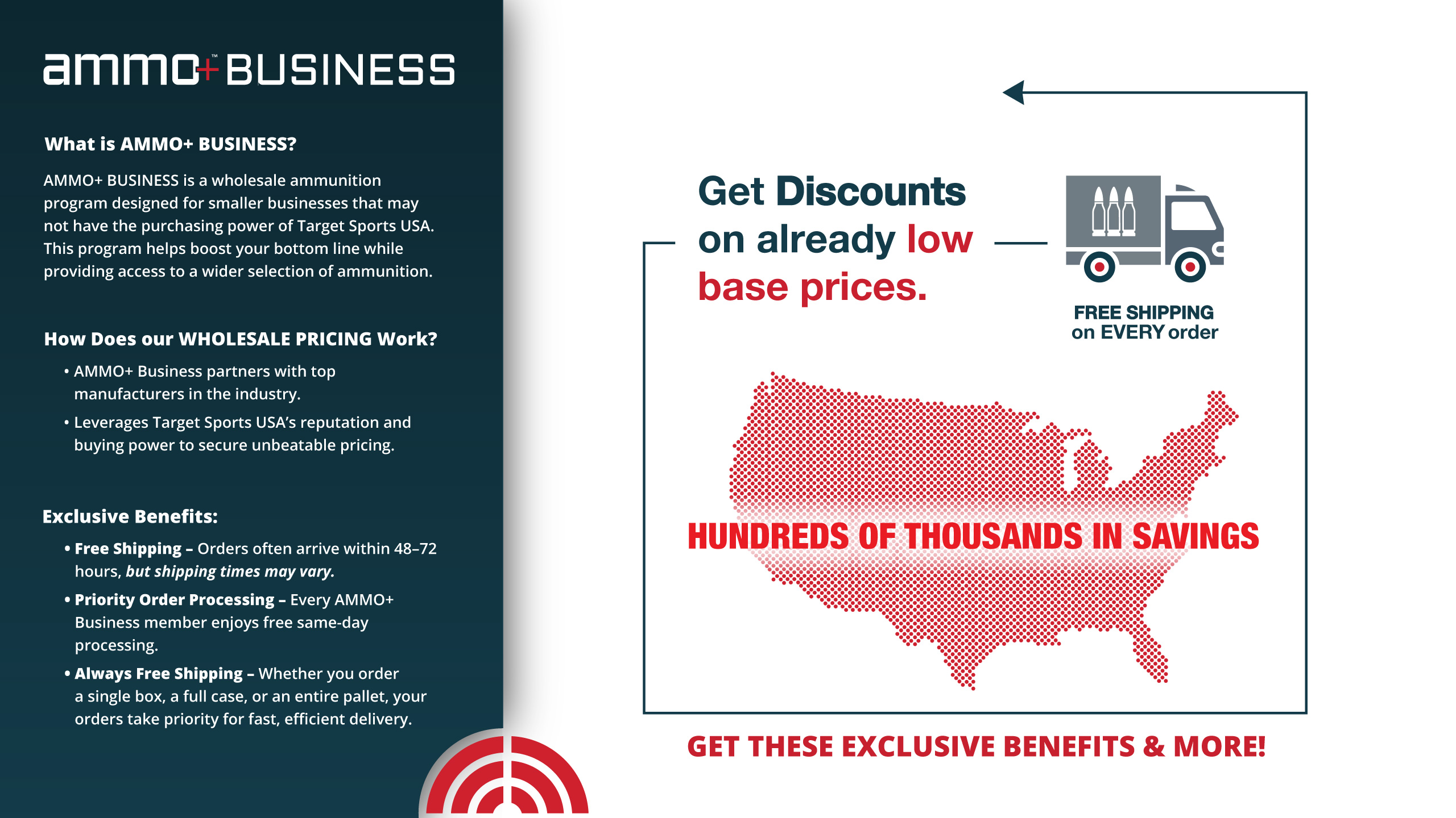 Ammo Plus Business is a wholsesale ammunition program designed for smaller business that may not have the purchasing power of Target Sports USA. This program boosts your bottom line while providing access to a wider selection of ammunition.